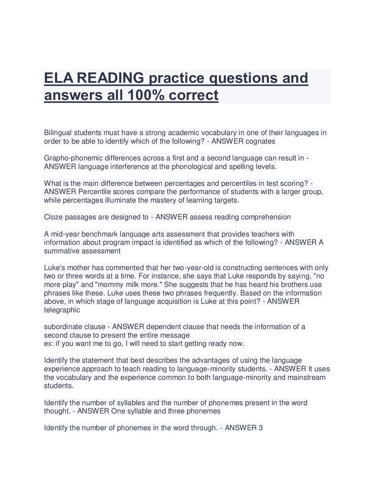 ELA READING practice questions and answers all 100 correct Browsegrades